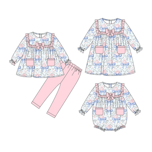 25.10.4 custom each style moq 8 eta 6-8week Sibling Sisters bow floral baby girl long sleeve pants sets and dress and rompers match family design