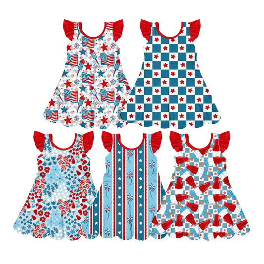 4.10 Custom moq 5 mix size Sibling Baby Girl's 4th of July Flutter Sleeve Scallop Shorts Knee Length Dresses