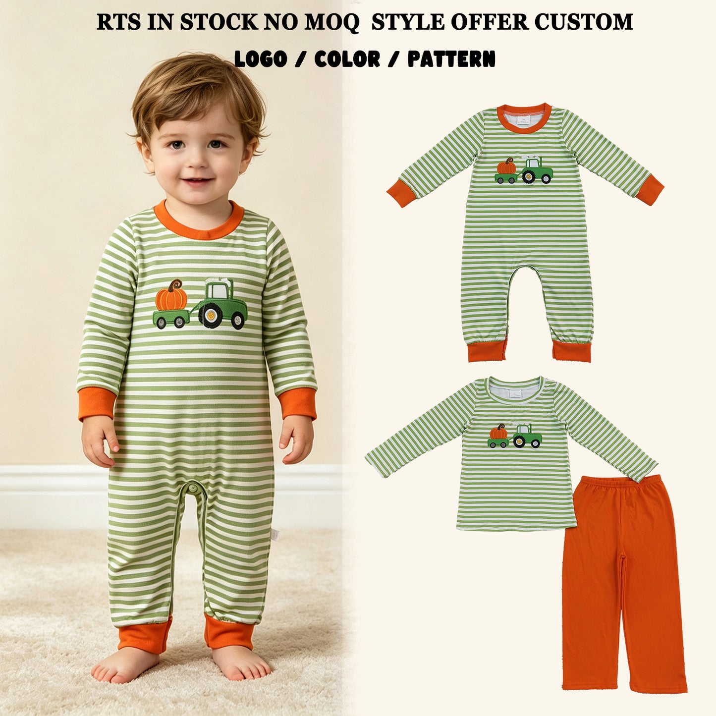 RTS NO MOQ Sibling milk silk Embroidery Pumpkin Truck Baby Boys Green Stripe Top Pant Fall Clothes Sets Romper