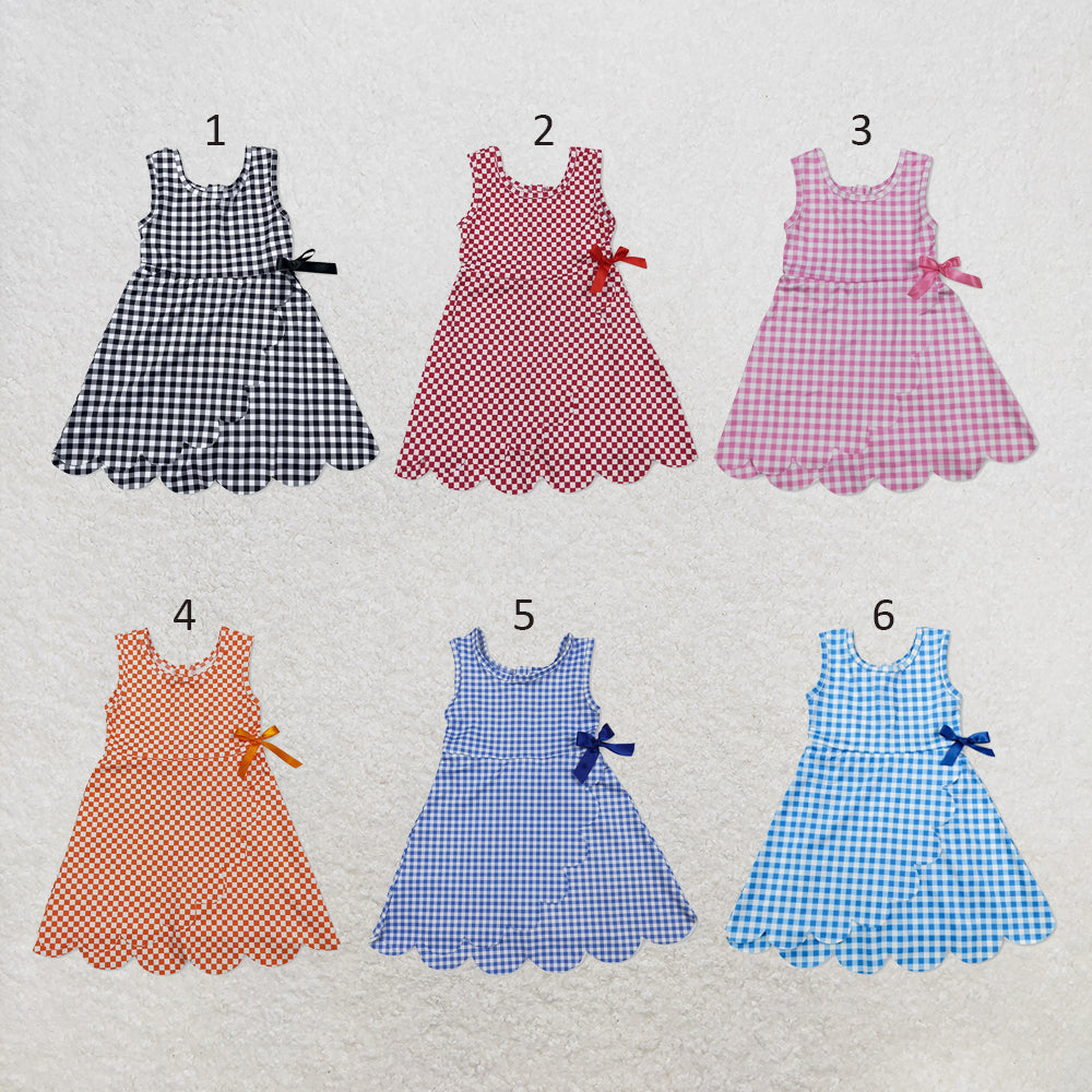 RTS NO MOQ Sibling milk silk Baby Girls Checked Scallop Shorts Knee Length Dress