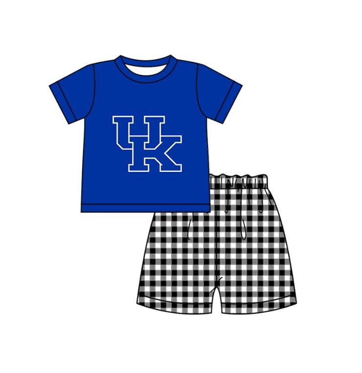 Custom moq 5 mix size milk silk summer teams baby girl boys clothes Dark blue Black and white checkered short sleeve shorts sets 3 and dress and rompers 2 series