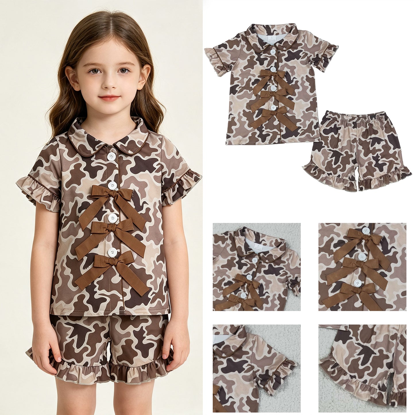RTS No moq milk silk GSSO3368 Baby Girls Southern Khaki Ducks Camo Bows Button Top Ruffle Shorts Hunting Pajamas Sets