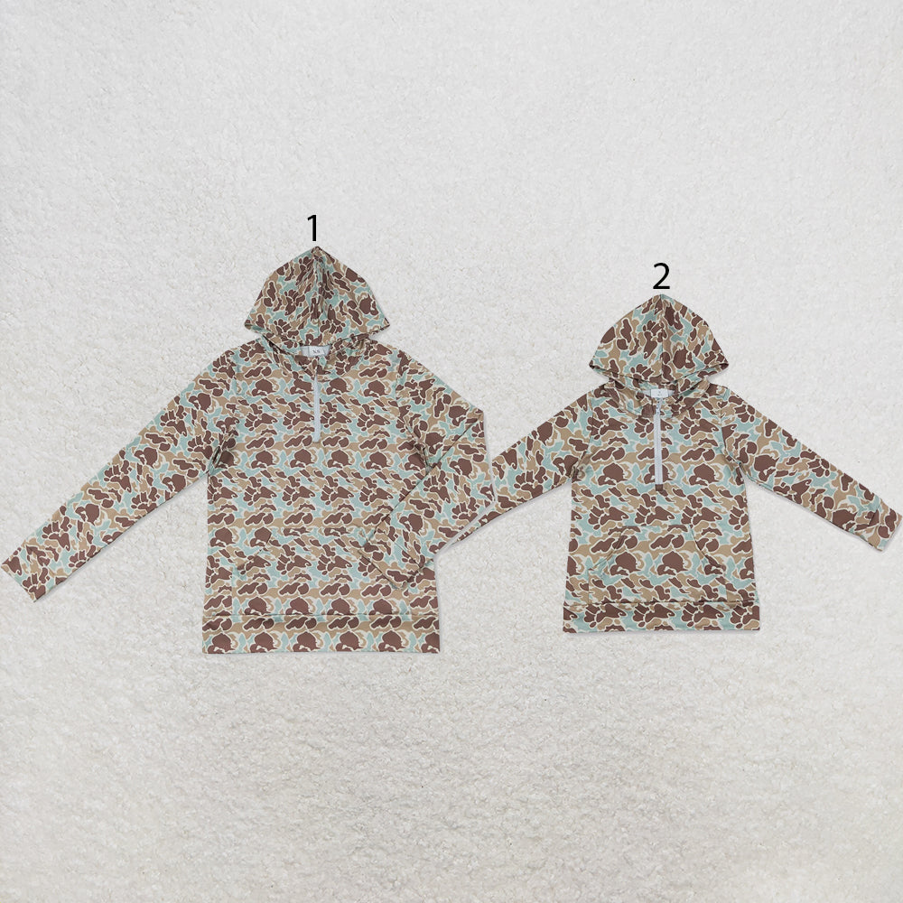 RTS NO MOQ milk silk Sibling Adult To Match Kids Long Sleeve Khaki Camo Print Zip Pocket Hoodies Tops Casual Fall Winter Tops