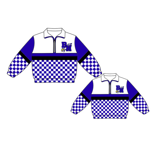 Custom moq 5 mix size milk silk summer teams Daddy and Me Blue Checked Long Sleeve Team Pullover Tops
