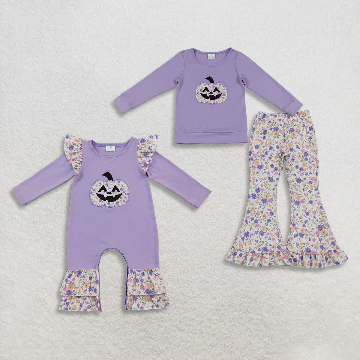 RTS NO MOQ Sibling milk silk Embroidery Baby Girls Purple Floral Pumpkin Long Sleeve Top And Floral Flare Pant Set Baby Ruffle Romper