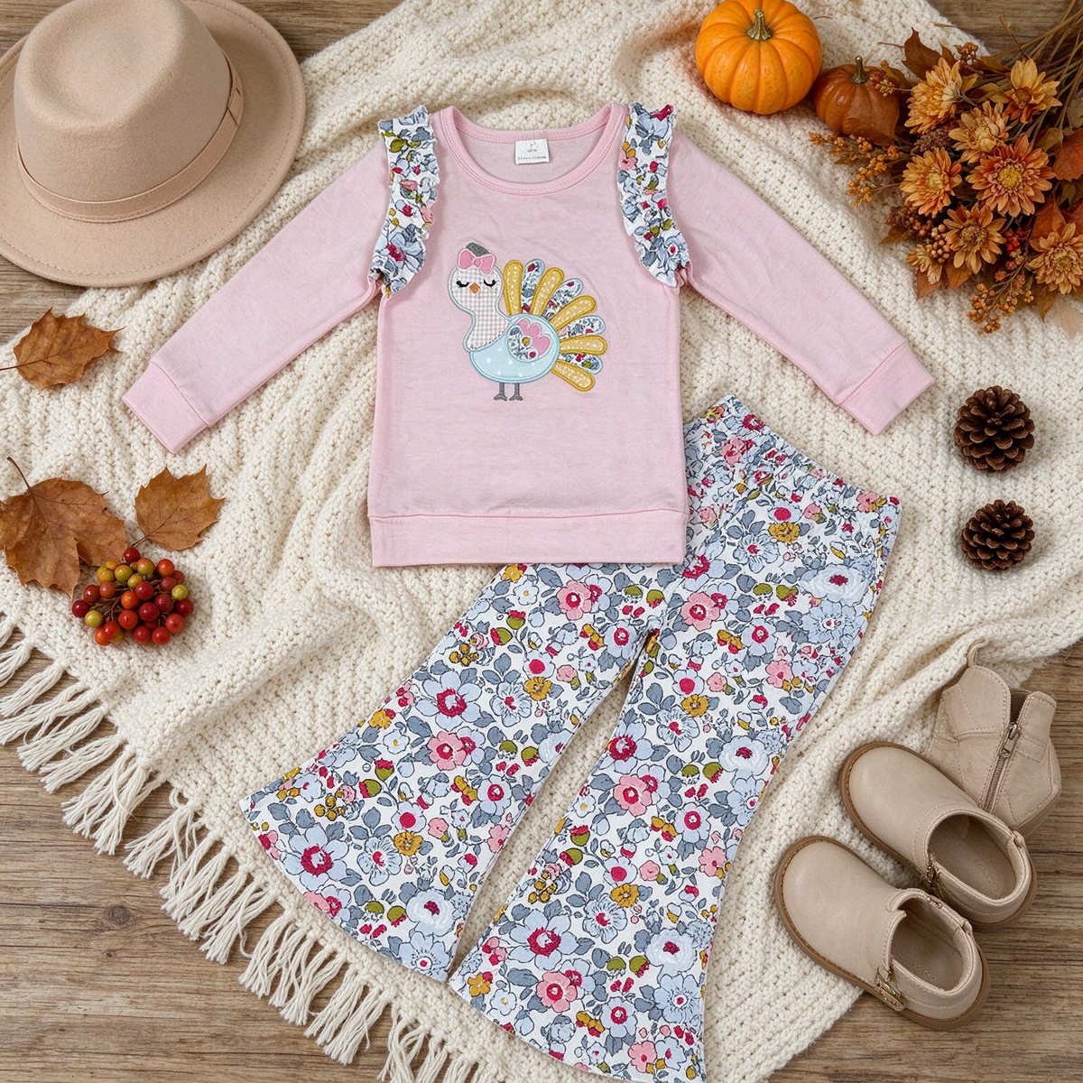 NEW RTS NO MOQ milk silk GLP3597 Embroidery Turkey Flowers Baby Girls Top Flare Pant Thanksgivings Fall Holiday Outfit