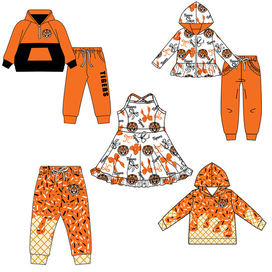 Custom moq 5 mix size milk silk summer teams baby girls clothes bow orange hooded long sleeve pants sets and boy sets and dress and hooded top and pant-25.8.16