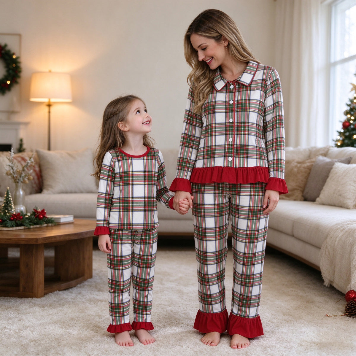 Mama and Me Plaid Ruffle Lounge Set - Girls Pullover & Women Cardigan