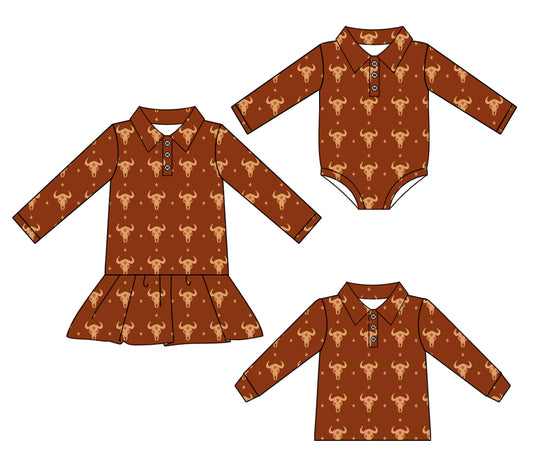 25.8.7 custom each style moq 5eta 4-6week Sibling Sisters cow head baby girl long sleeve dress and romper and top match family design