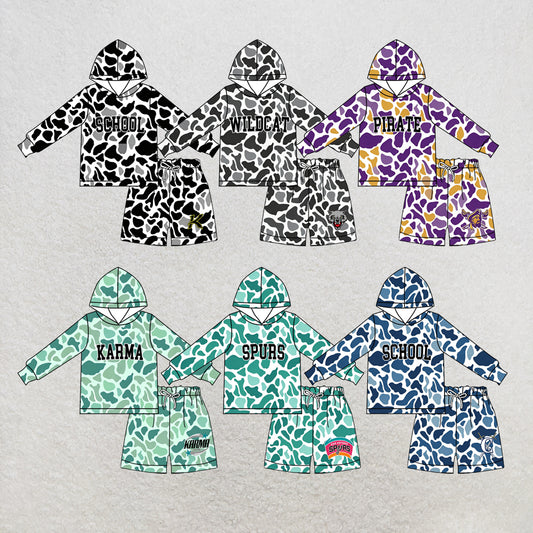 custom moq 5 mix size MSD072205 Baby Kids Camo Long Sleeve Hoodie Top Shorts Team Set