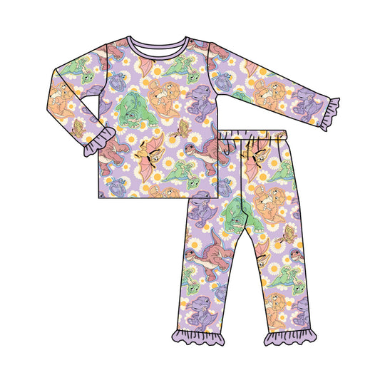 7.10 custom each style moq 5eta 4-6week Sibling Sister dinosaur purple baby girls sets and dress and rompers match family design
