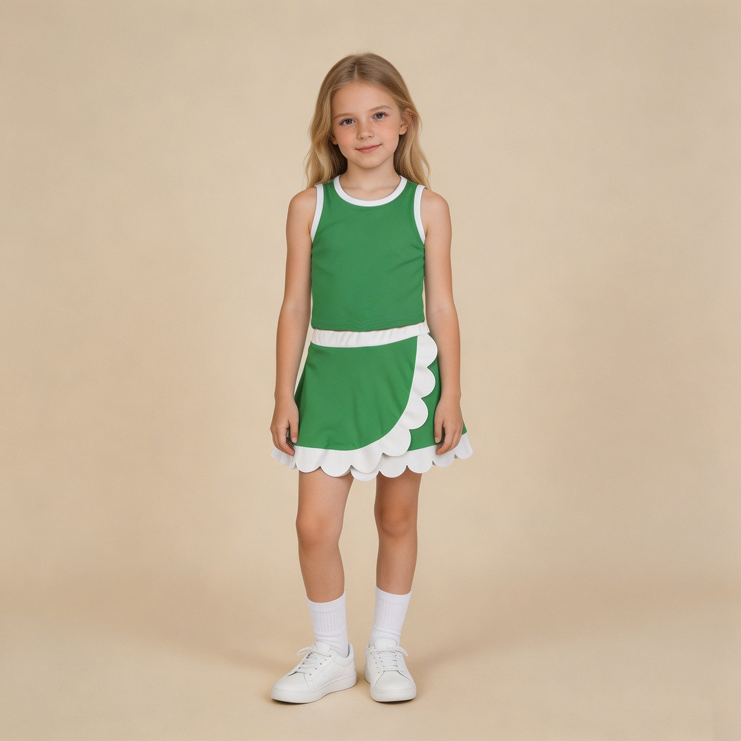 RTS NO MOQ yoga fabric cotton GSD4025 Yoga Baby Girls Cute Sleeveless Green Vest Scallop Skirt Yoga Set