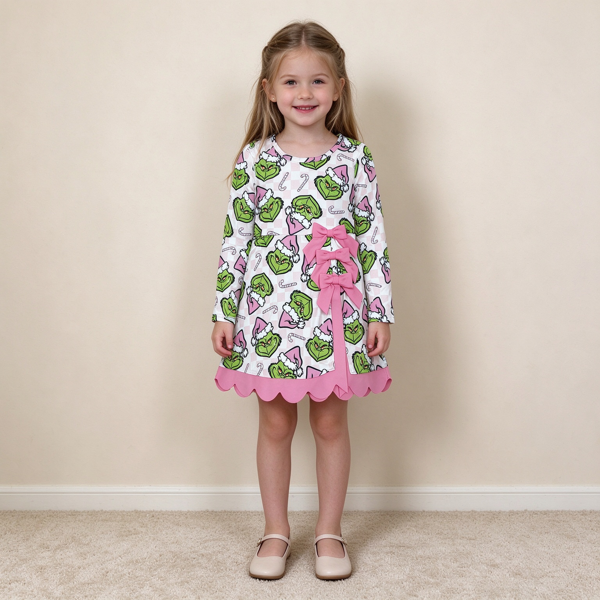 NEW RTS NO MOQ yoga fabric GLD1651 Baby Girls Candy Cane Bows Scallop Trim Yoga Active Short Dress