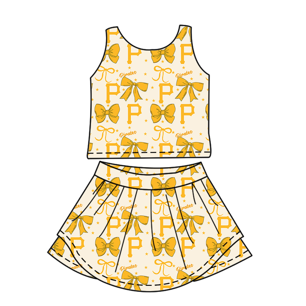 Custom moq 5 mix size milk silk summer teams baby girls clothes team bow yellow sleeveless skirts sets and dress 1 and dress 2 and top-25.6.21
