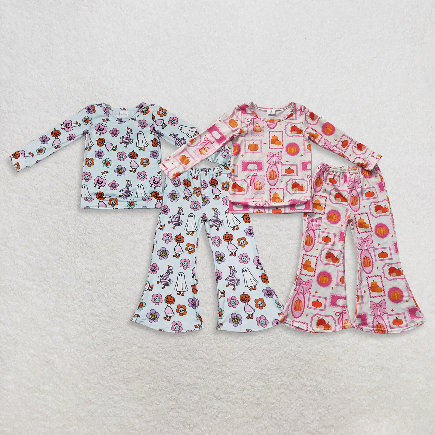 RTS NO MOQ Sibling milk silk Baby Girls Bow Pumpkin Check Top Flare Trousers Set