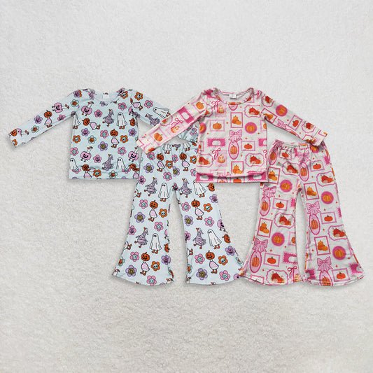 RTS NO MOQ Sibling milk silk Baby Girls Bow Pumpkin Check Top Flare Trousers Set
