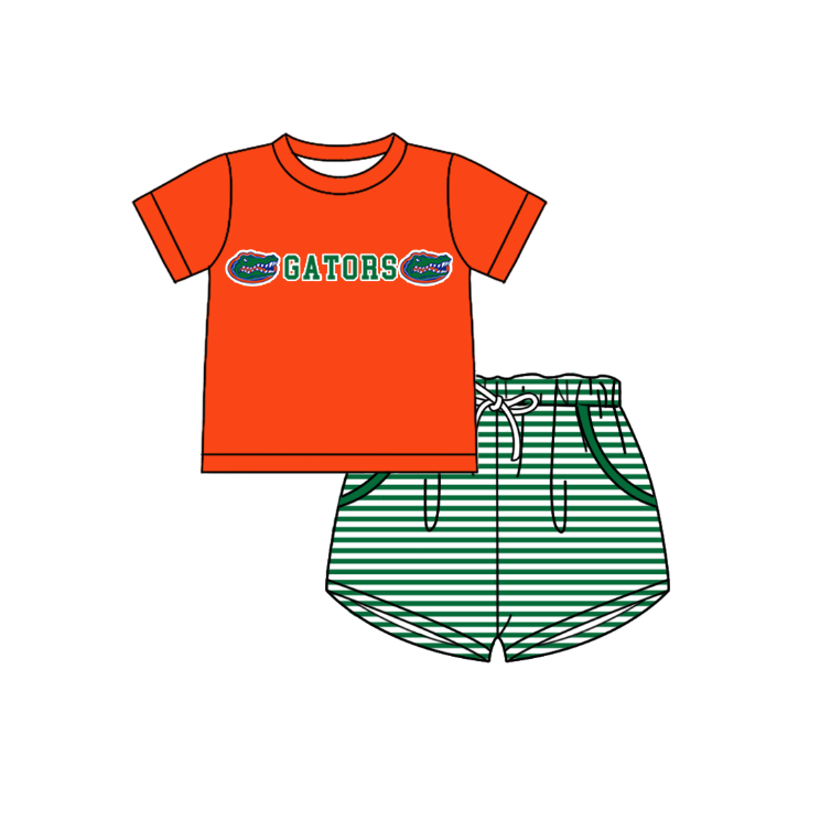 Custom moq 5 mix size milk silk summer teams Boys Short Sleeve Top Green Striped Shorts Set With Matching Romper Girls Flutter Sleeve Polka Dot Dress Romper