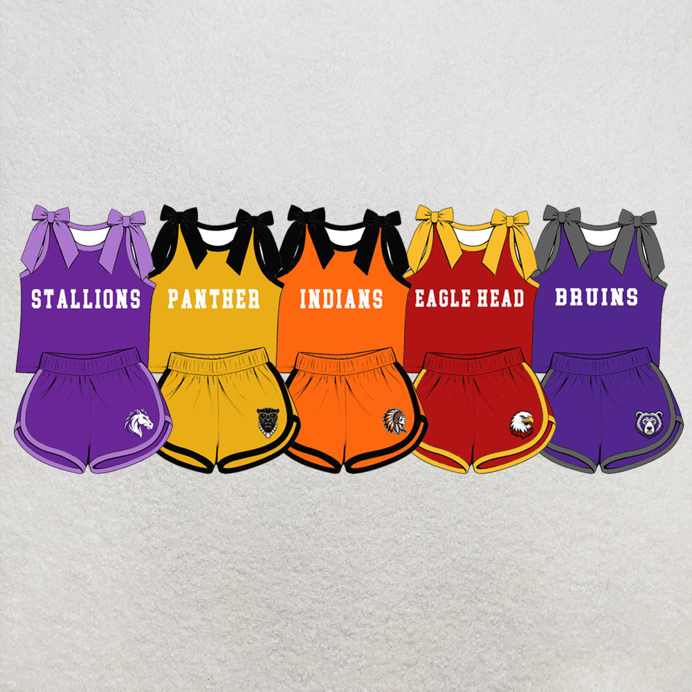 custom moq 5 mix size XY071805 Baby Girls Letter Printed Bow Sleeveless Top Shorts Summer Team Clothes Set