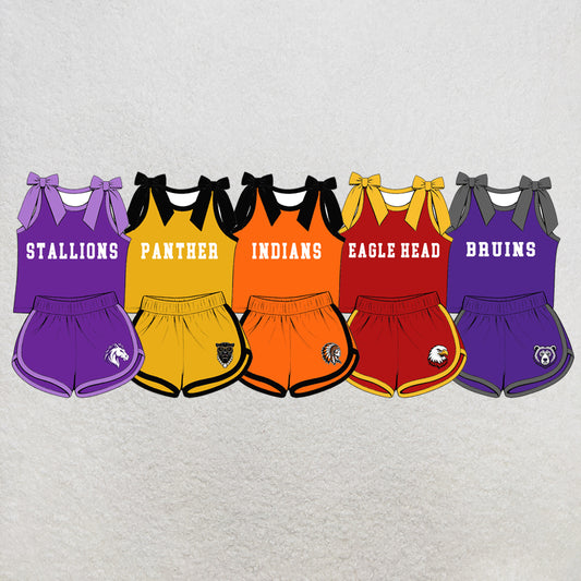 custom moq 5 mix size XY071805 Baby Girls Letter Printed Bow Sleeveless Top Shorts Summer Team Clothes Set