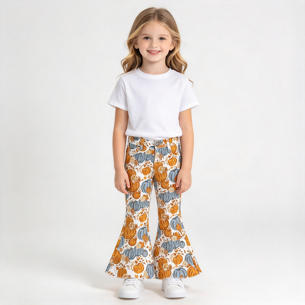 RTS NO MOQ Sibling Denim Baby Girls Leopard Floral And Pumpkin Print Bell Bottom Flare Pants