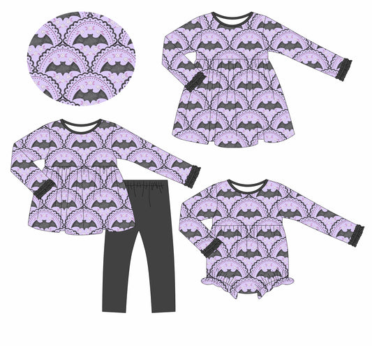 25.6.12 custom each style moq 5eta 4-6week Sibling Sisters bat purple baby girl long sleeve pants sets and dress and rompers match family design