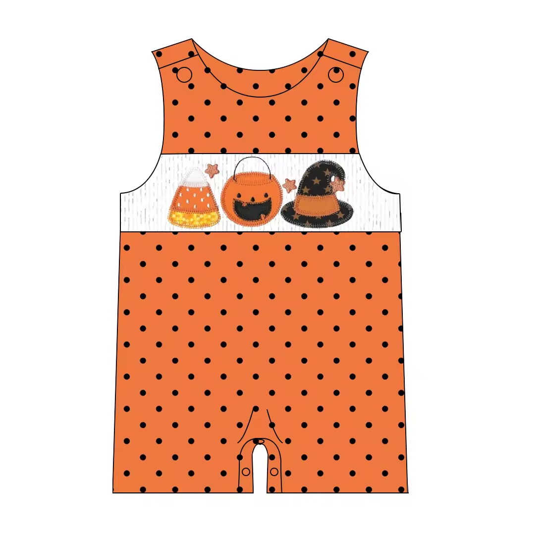 Custom moq 3 eta 6-8weeks Pumpkin Spotted Sleeveless Cropped Romper
