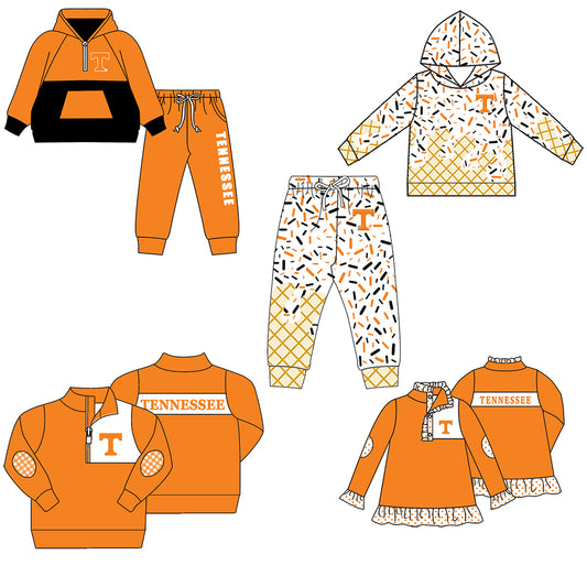Custom moq 5 mix size milk silk summer teams baby girls clothes orange hooded long sleeve pants sets and hooded top and pant and top 2-25.8.21
