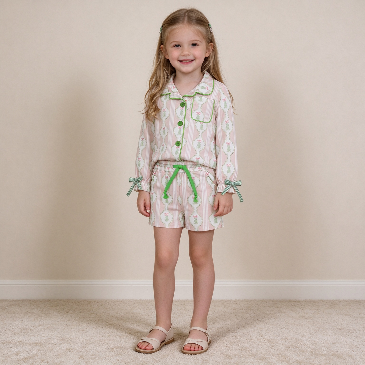NEW RTS NO MOQ milk silk GLS0171 Baby Girls Christmas Pink Tree Print Bow Button Front Pocket Top Elastic Waist Short Pajama Set