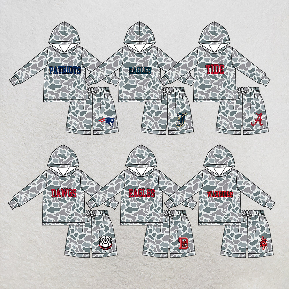 custom moq 5 mix size MSD072505 Baby Kids Grey Camo Long Sleeve Hoodie Top Shorts Team Set