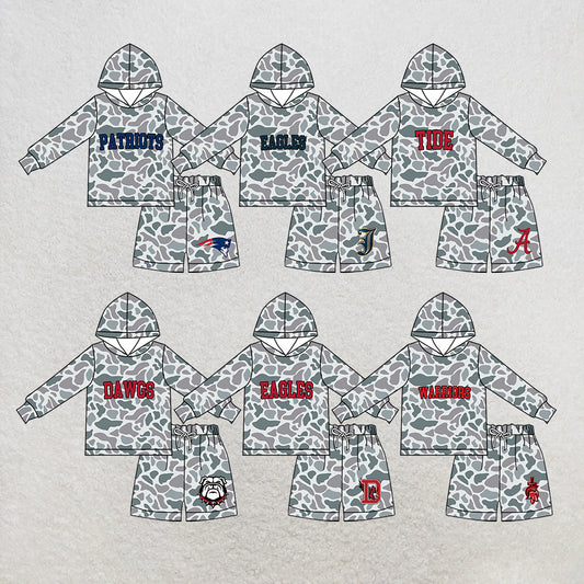 custom moq 5 mix size MSD072505 Baby Kids Grey Camo Long Sleeve Hoodie Top Shorts Team Set