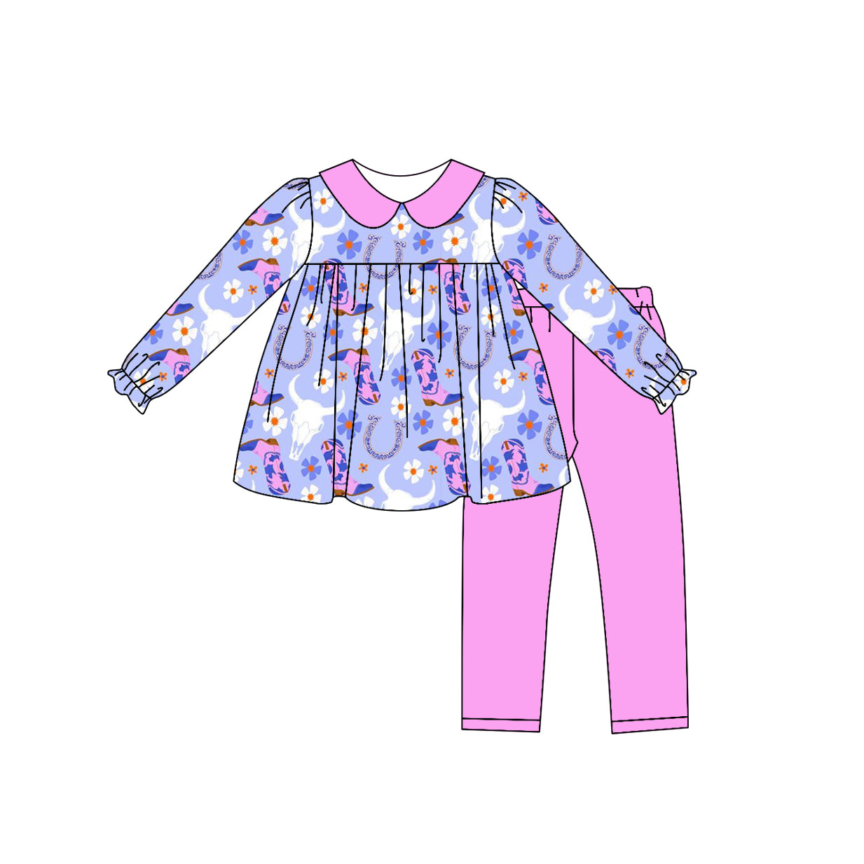 9.7 custom each style moq 5eta 4-6week baby girls clothes boots cow head blue and purple long sleeve pants sets