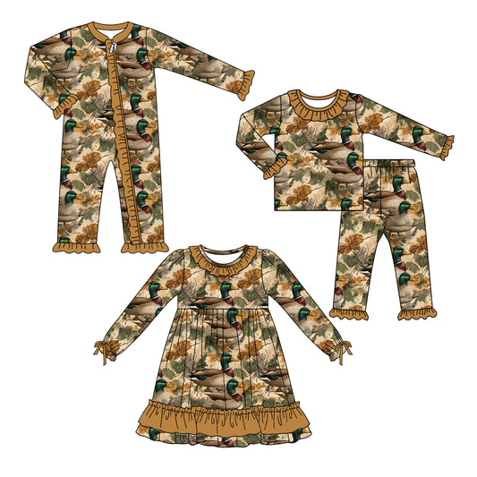 25.5.20 custom each style moq 5eta 4-6week Sibling Sisters duck baby girl long sleeve pants sets and dress and rompers match family design
