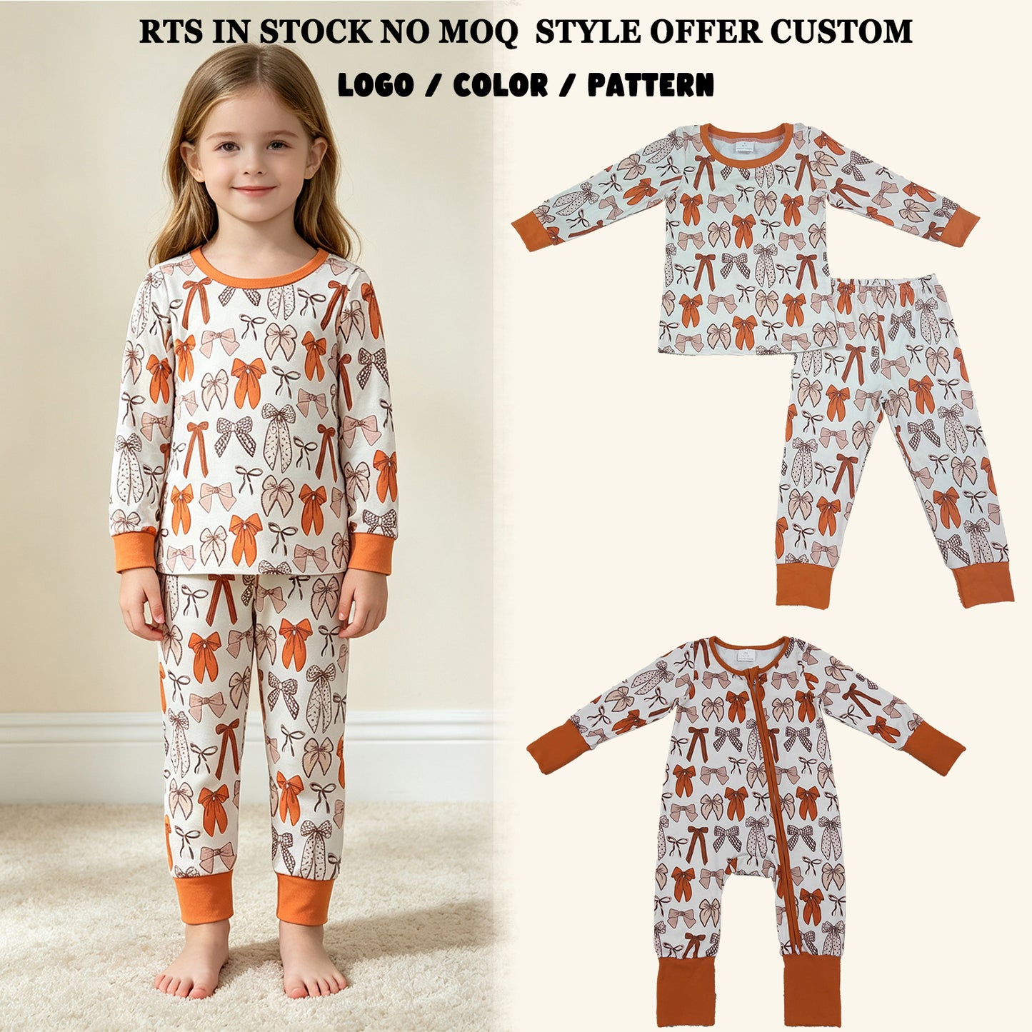 RTS NO MOQ Sibling milk silk Baby Boys Girls Long Sleeve Bows Plaid Top Pant Fall Pajamas Sets Rompers