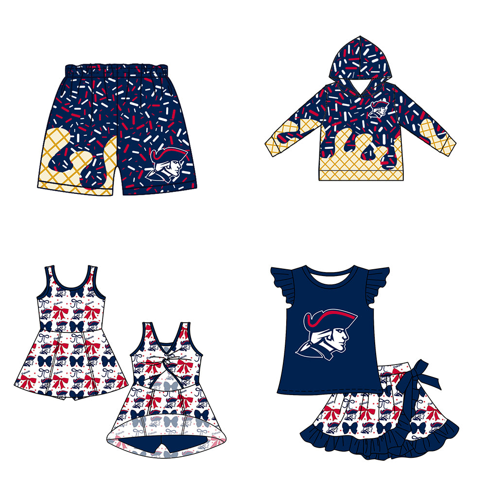 Custom moq 5 mix size milk silk baby girls clothes team bow dark blue hooded long sleeve tops and and skirts sets and dress and shorts-25.7.17