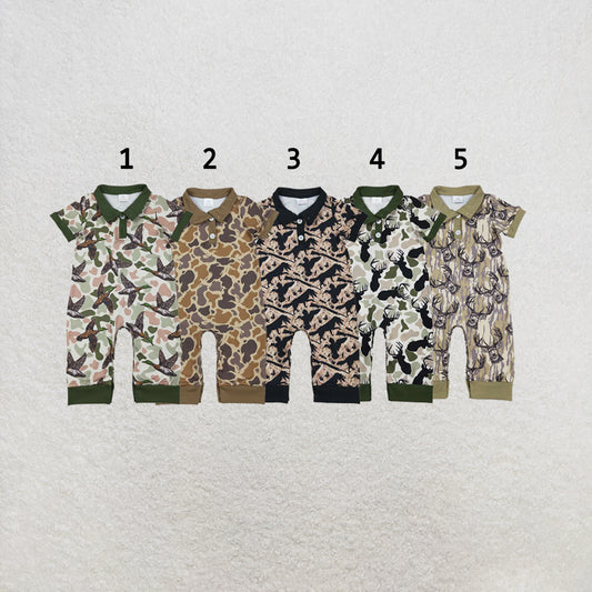 RTS NO MOQ Sibling milk silk Baby Boys Camo Button Hunting Casual Rompers