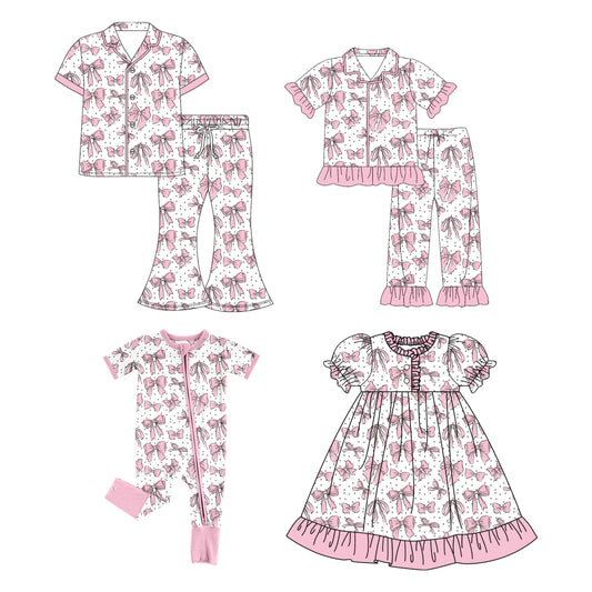 4.14 Custom moq 5 mix size Sibling Mom And Me Pink Short Sleeve Pajamas Set Girls Dress Rompers