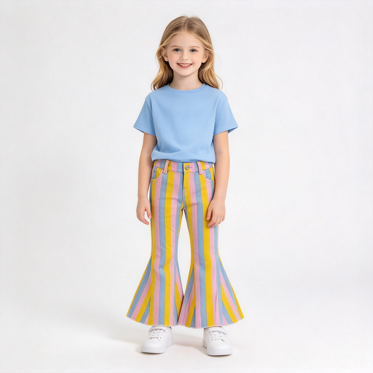 RTS NO MOQ Sibling Denim Baby Girls Casual Striped Bell Bottom Denim Trousers