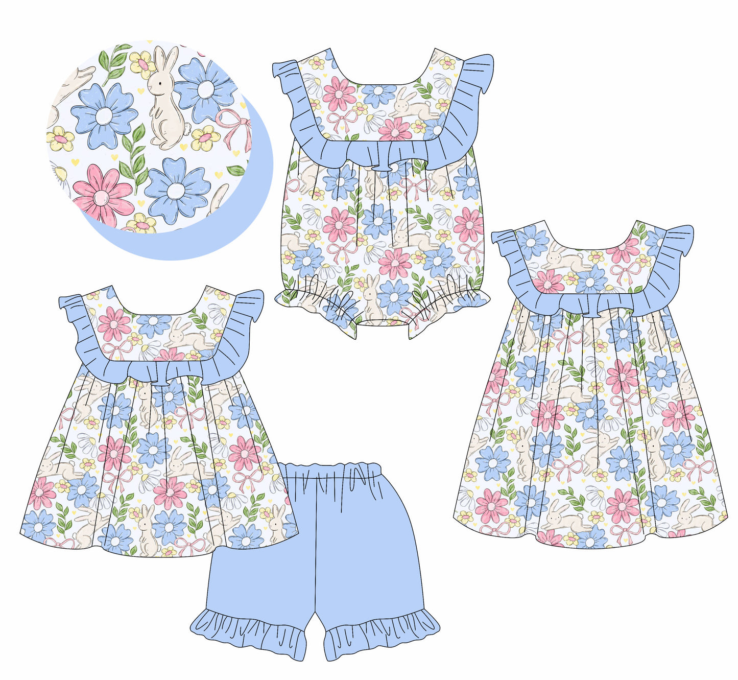 25.11.12 custom each style moq 5 eta 6-8week Sibling Sister bunny floral bow baby short sleeve shorts sets and romper and dress match design