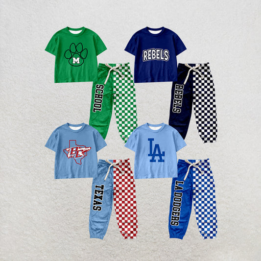 custom moq 5 mix size MSD072905 Baby Kids Short Sleeve Shirt Plaid Patchwork Long Pants Team Casual Clothes Set