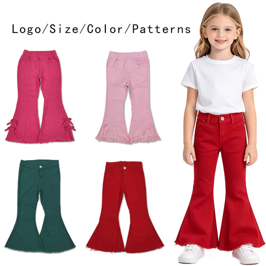 RTS NO MOQ Sibling Denim Baby Girls Solid Color Flare Bell Bottom Denim Pants