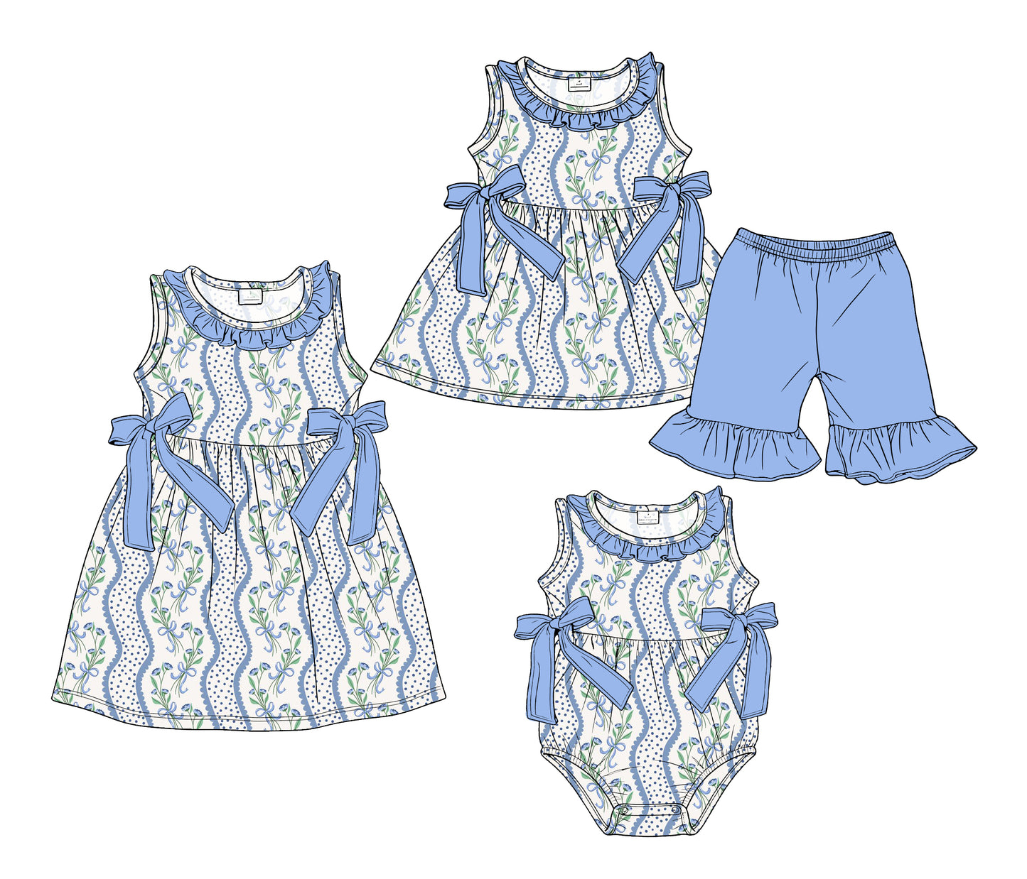 3.18 Custom moq 5 mix size Sibling Baby Girl's Blue Flowers Sleeveless Tunic Ruffle Shorts Set Cute Romper Dress for Summer