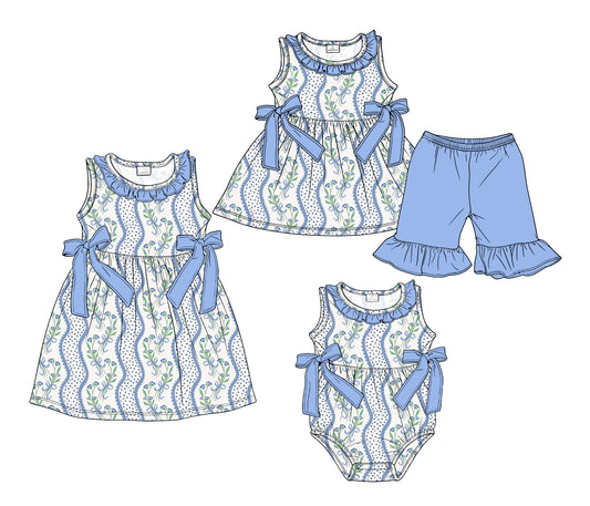 3.18 Custom moq 5 mix size Sibling Baby Girl's Blue Flowers Sleeveless Tunic Ruffle Shorts Set Cute Romper Dress for Summer