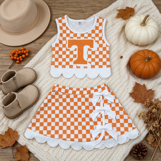 NEW RTS NO MOQ yoga fabric GSD4282 Yoga Baby Girls Orange Checked Bows Scallop Trim Skirt Short Yoga Active Team Outfit Set