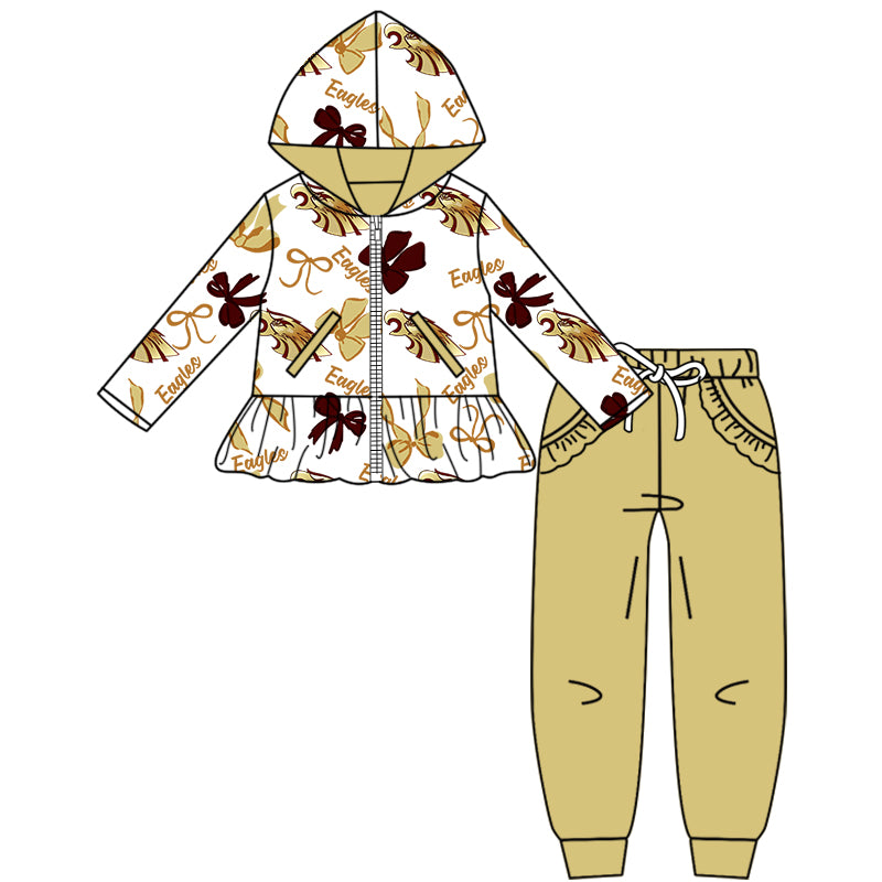 Custom moq 5 mix size milk silk summer teams baby girls clothes bow khaki hooded long sleeve pants sets and boy sets and dress and hooded top and pant-25.8.16