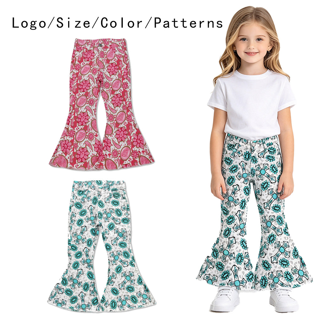 RTS NO MOQ Sibling Denim Baby Girls Western Turquoise Casual Bell Bottom Denim Pants