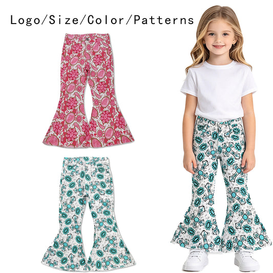 RTS NO MOQ Sibling Denim Baby Girls Western Turquoise Casual Bell Bottom Denim Pants