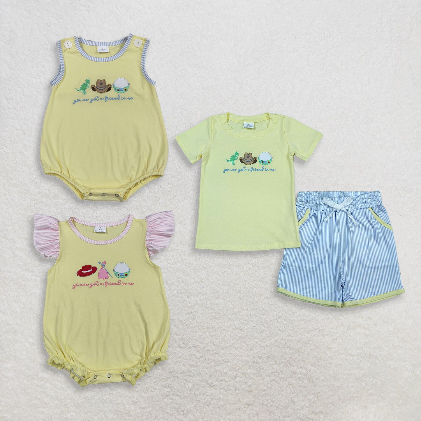 RTS NO MOQ Sibling milk silk Baby Boys Dinosaur Hat Embroidery Top Pockets Stripe Short Clothes Sets Rompers Girls Ruffle Rompers