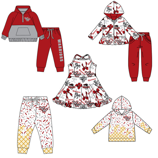 Custom moq 5 mix size milk silk summer teams baby girls clothes bow red hooded long sleeve pants sets and boy sets and dress and hooded top and pant-25.8.18