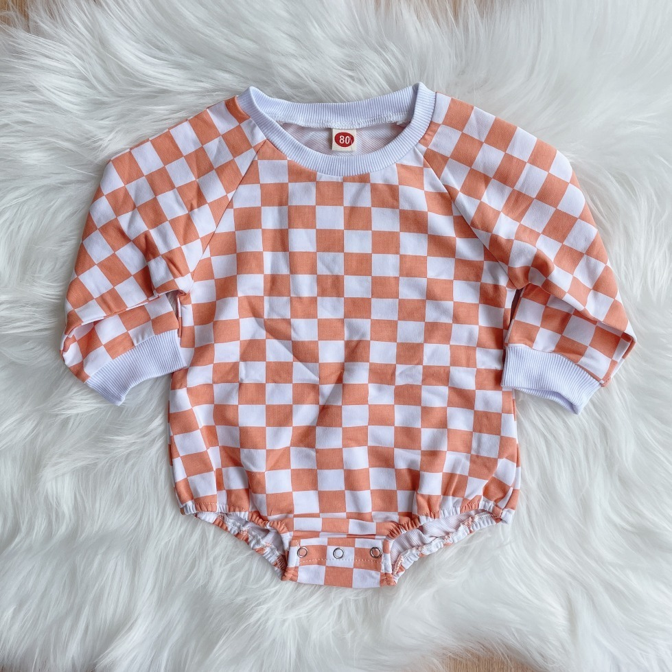 Custom moq 3 eta 7/8week moq 5 eta /4/5week Pink, white, black and white plaid long-sleeved romper