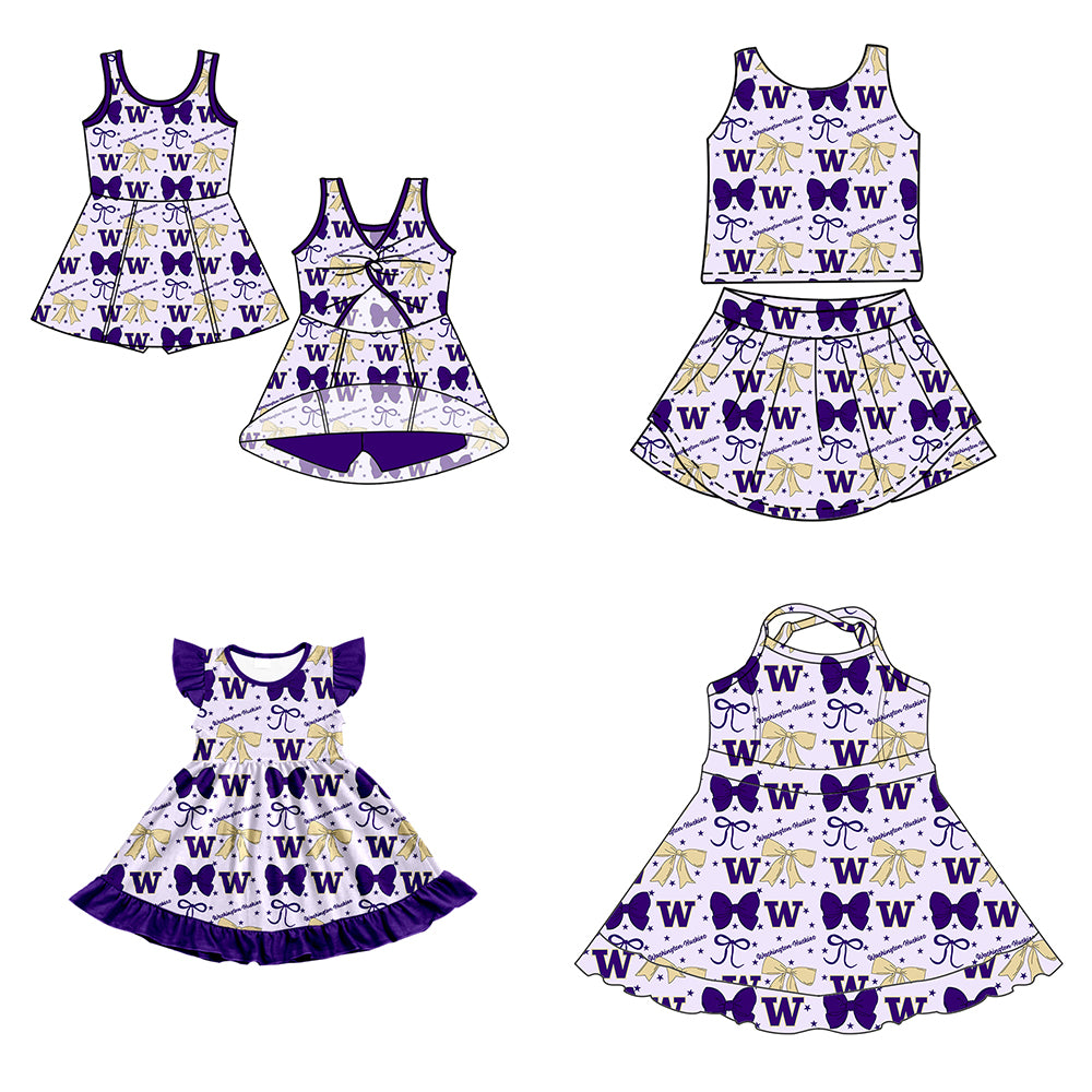 Custom moq 5 mix size milk silk summer teams baby girls clothes team bow purple sleeveless skirts sets and dress 1 and dress 2 and dress 3-25.6.25